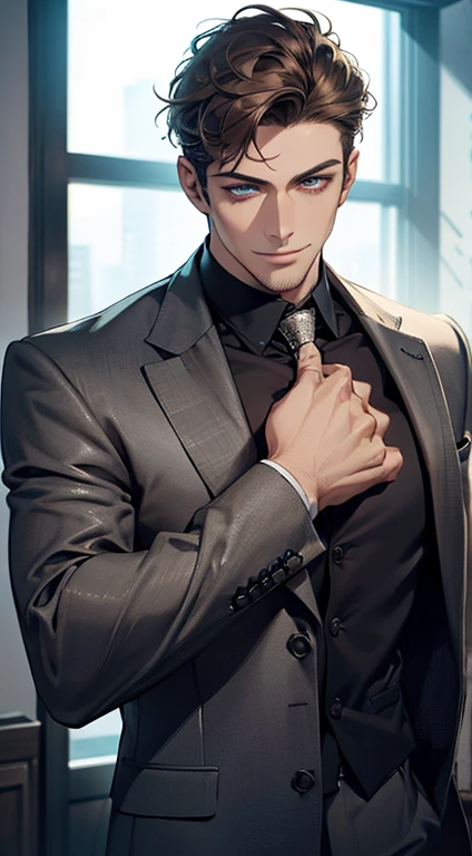 (best quality,4k,8k,highres,masterpiece:1.2),ultra-detailed,(realistic,photorealistic,photo-realistic:1.37),1 man,31 years old,mature man,very handsome,without expression,smile,short grey brown hair,blue eyes,penetrating gaze,perfect face without errors,imposing posture,businessman,office background,cinematic lighting,hdr image