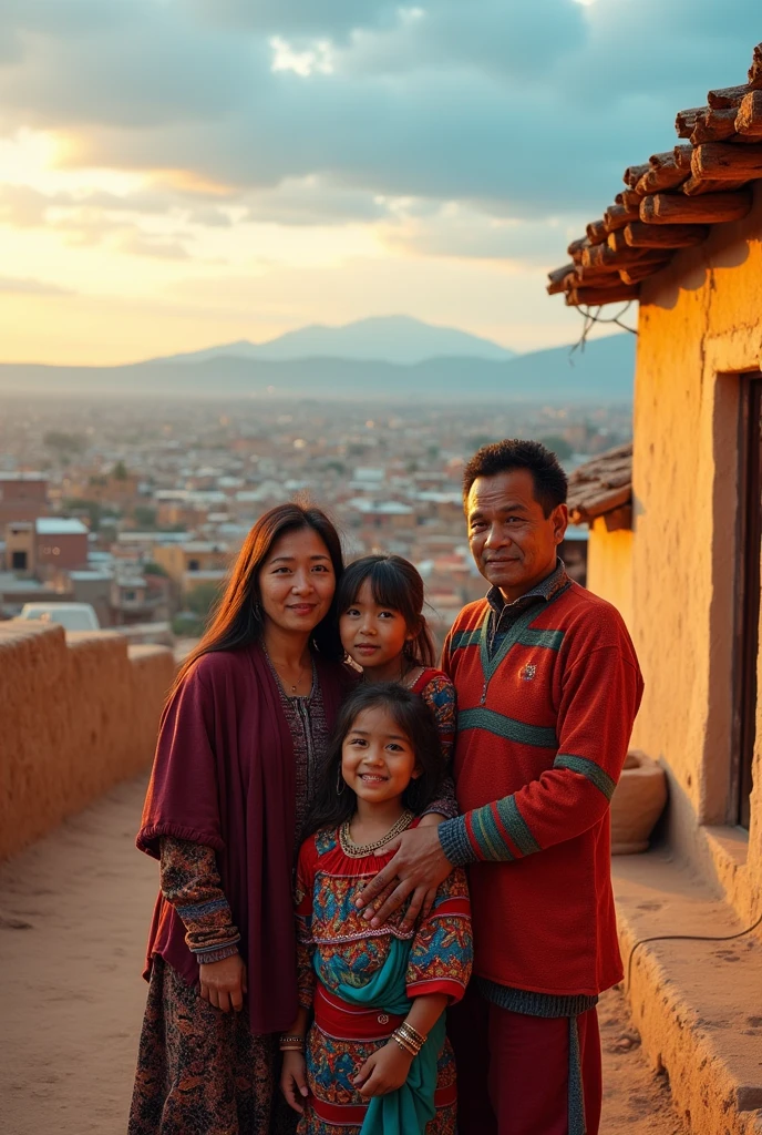 : A view of the city of El Alto with a humble house and the family gathered in front, representing the family unit before the conflict