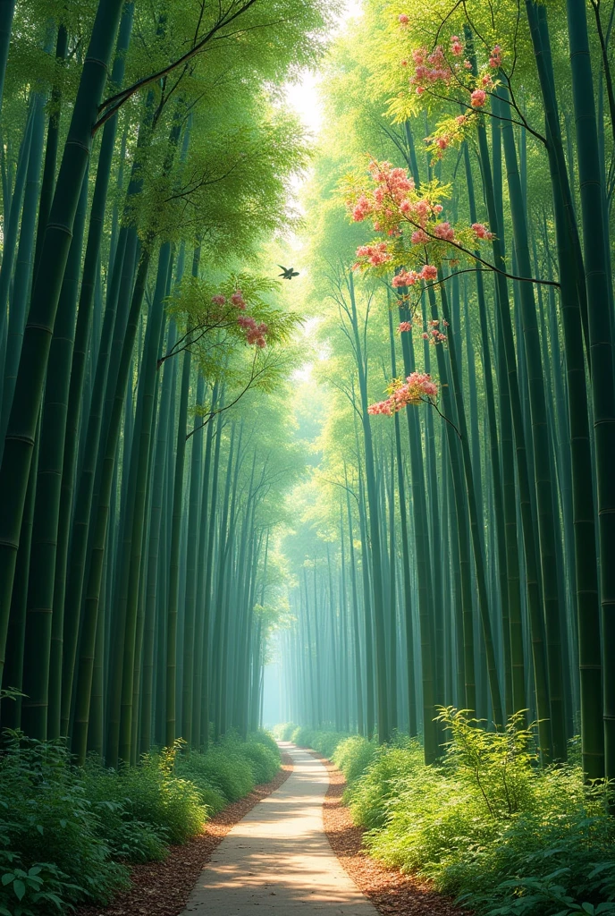 Bamboo forest, pine needles and trees, Japanese apricot blossoms and trees, 