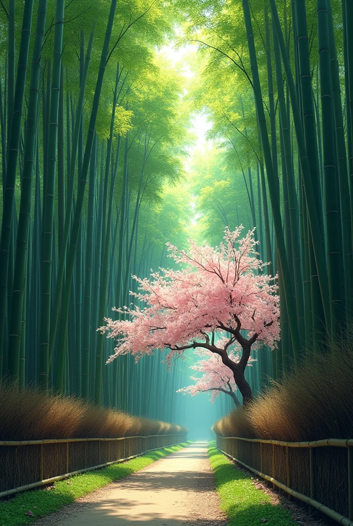 Bamboo forest, pine needles and trees, Japanese apricot blossoms and trees, 