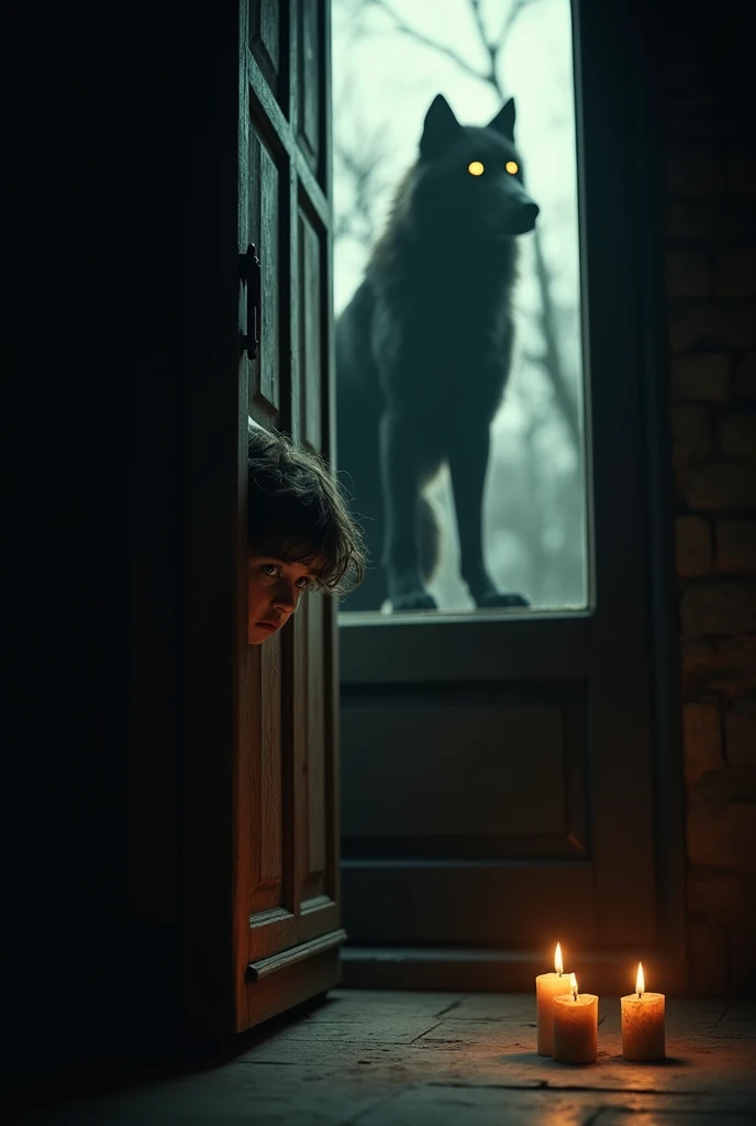 A tall boy hiding in a closet and a black wolf shadow behind the window