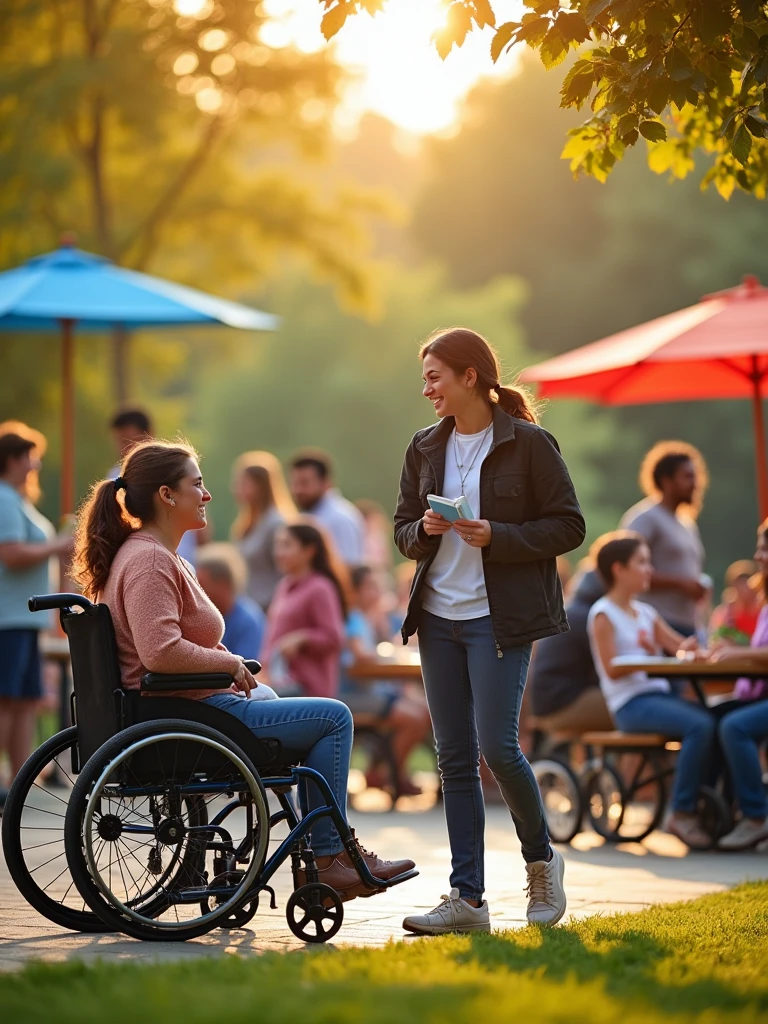 Create an image for a campaign about Disability Awareness Week. The scene should include a diverse group of people, each with different types of disabilities, interacting in an inclusive and supportive environment. Include individuals using a wheelchair, a person with a visual impairment using a white cane, someone with a hearing aid, and a person with a prosthetic limb. The setting should be a bright, welcoming public space like a park or community center. Make sure the individuals are engaged in various activities such as talking, reading, playing, and working together, with a focus on friendship, inclusion, and accessibility. The mood should be positive, showing empowerment and community support, with warm colors and natural light.