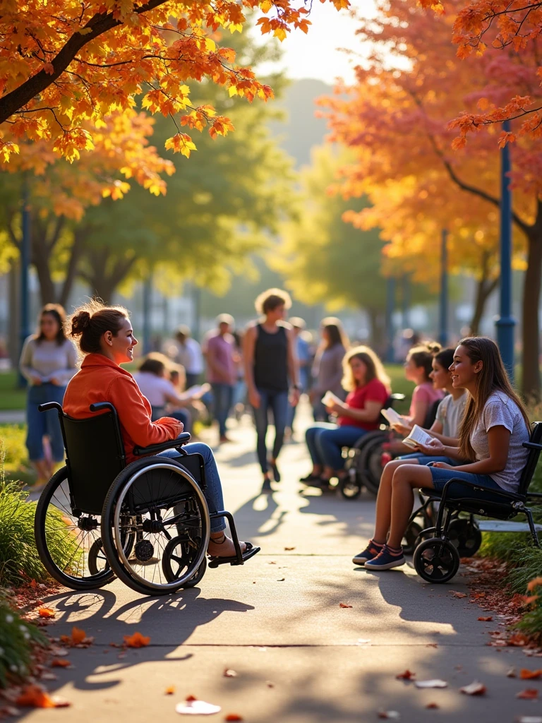 Create an image for a campaign about Disability Awareness Week. The scene should include a diverse group of people, each with different types of disabilities, interacting in an inclusive and supportive environment. Include individuals using a wheelchair, a person with a visual impairment using a white cane, someone with a hearing aid, and a person with a prosthetic limb. The setting should be a bright, welcoming public space like a park or community center. Make sure the individuals are engaged in various activities such as talking, reading, playing, and working together, with a focus on friendship, inclusion, and accessibility. The mood should be positive, showing empowerment and community support, with warm colors and natural light.