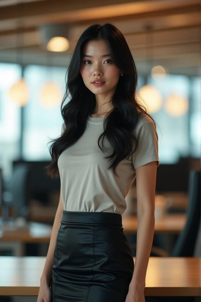 Inside the office、Japanese women、OL、Beautiful hair quality、high resolution、Model-like face、Average body shape of Japan people、Business casual attire、Tight skirt、Tight T-shirt、Realistic skin texture、whole body、Long Black Hair