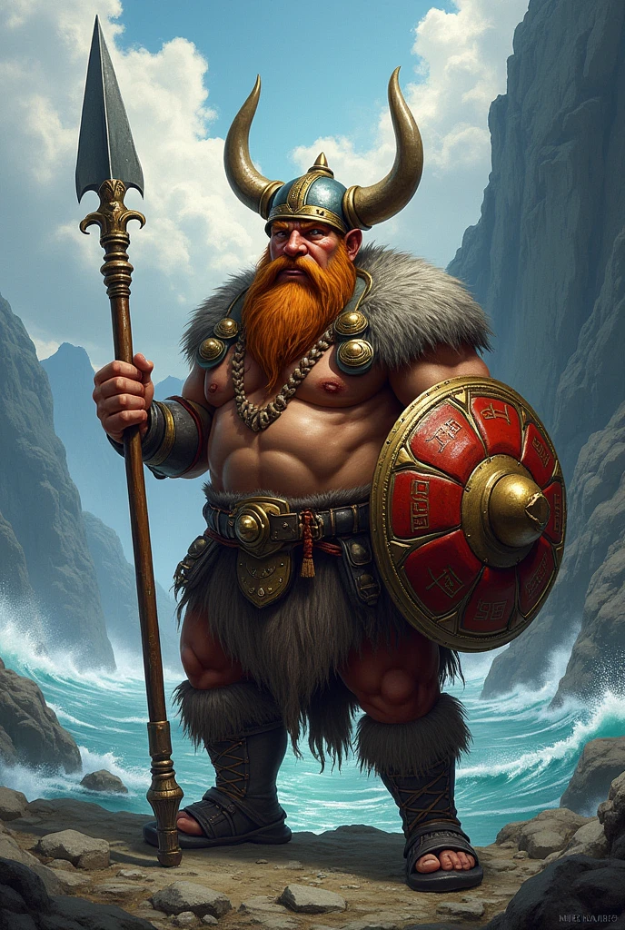 Dwarf Viking with a horned helmet, a vertical spear and a round shield attached to one side