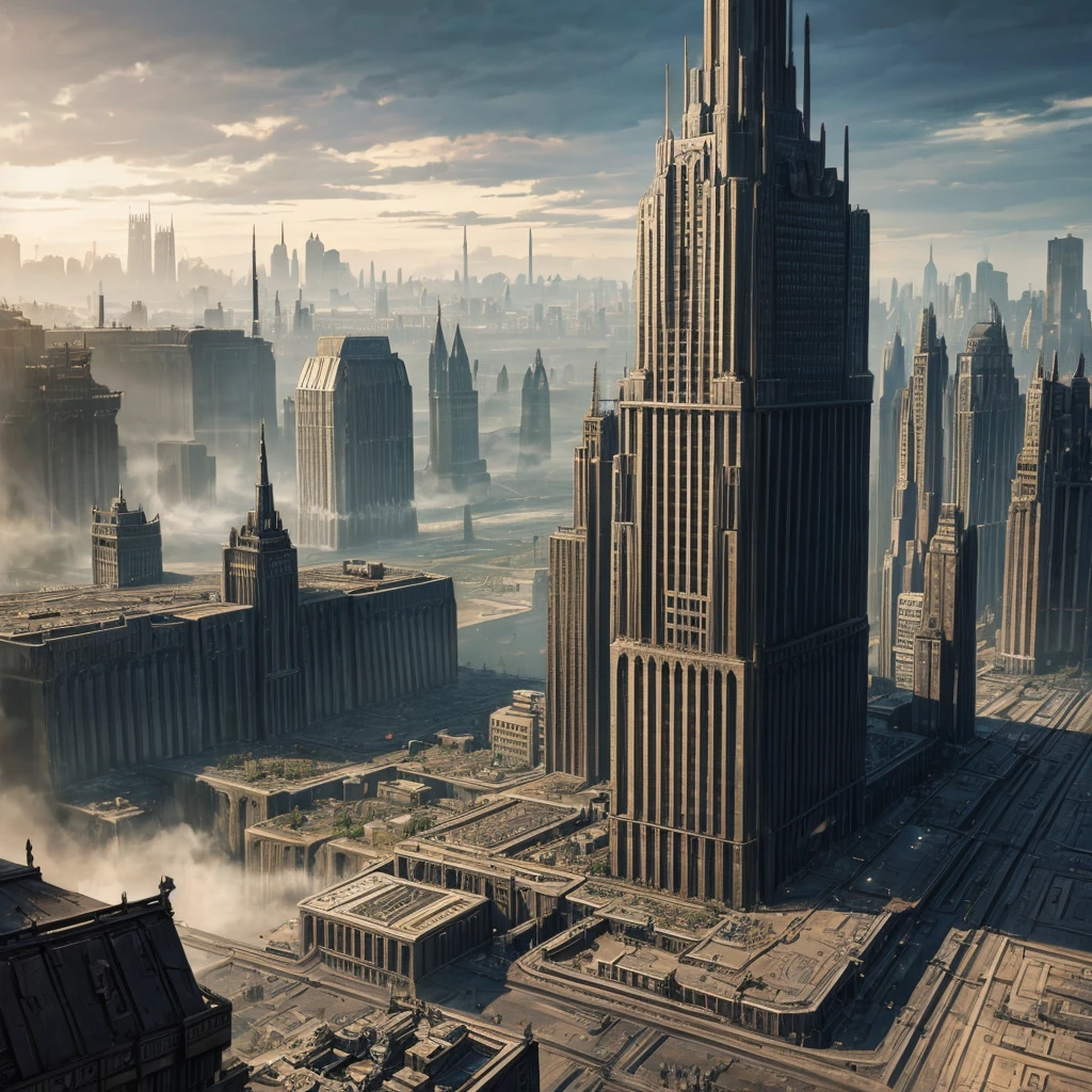 Landscape view of a large city in dieselpunk style made of black metal in black dieselpunk style with buildings of different shapes and sizes