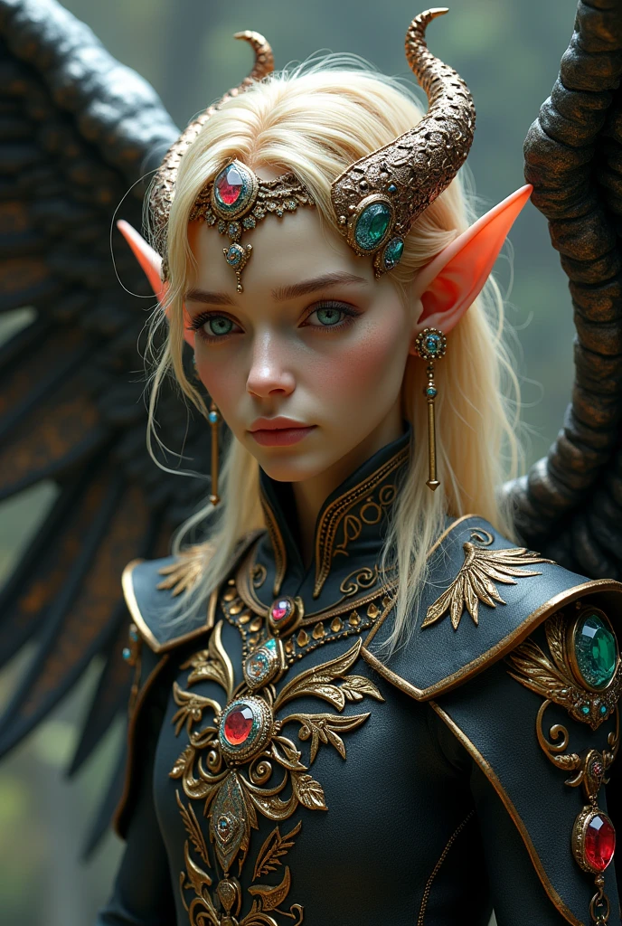 full height 195 cm High detail male Elf with wings and dragon horns black and light white-gold, decorated with precious stones and artifacts On the elf's right ear is a red diamond, rainbow diamond, and a rhodium chain with an emerald.
On the left ear there is a meteorite fragment, red diamond and padparadscha sapphire. blue eyes, light skin, light wheat hair, in the background is the ancient god of peace and hell
