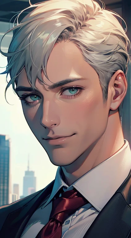 (Highest quality,4K,8K,High resolution,masterpiece:1.2),Super detailed,(Realistic,photoRealistic,photo-Realistic:1.37),1 person,34 years old,Mature Men,Beautiful skin、very handsome,Expressionless smile in love,Short white hair,green eyes,Sharp Eyes,A perfect face without a doubt,Businessman, CEO, Office Background,Cinema Lighting,HDR image,tie、