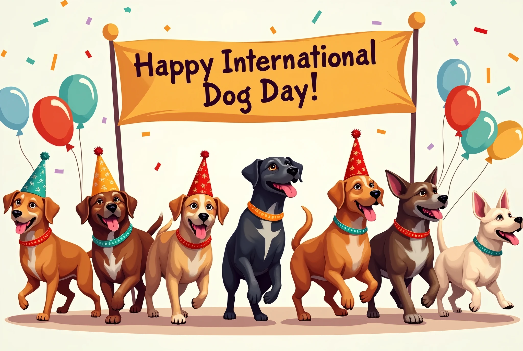 Joyful Dog Parade Celebration: An illustration of various dog breeds wearing festive costumes and accessories, joyfully marching in a parade. The background features balloons, confetti, and a bright banner reading "Happy International Dog Day!"
