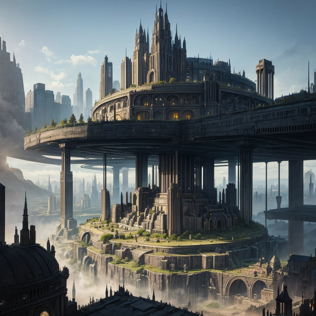 Landscape view of a large city in dieselpunk style made of black metal in black dieselpunk style with buildings of different shapes and sizes