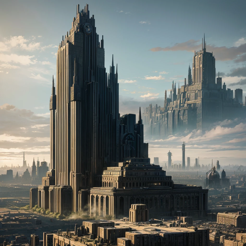 Landscape view of a large city in dieselpunk style made of black metal in black dieselpunk style with buildings of different shapes and sizes