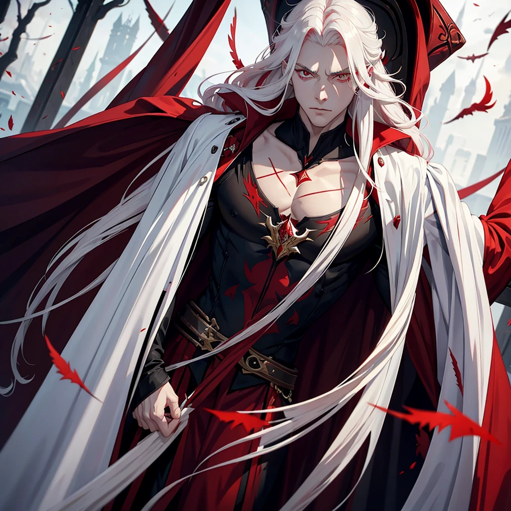 vampyre. golden eyes. Medium length white and red hair. white and red hair. red and white hair. tall height(2M). Muscular and very strong.  New general&#39;s clothes. standing alone, standing. 