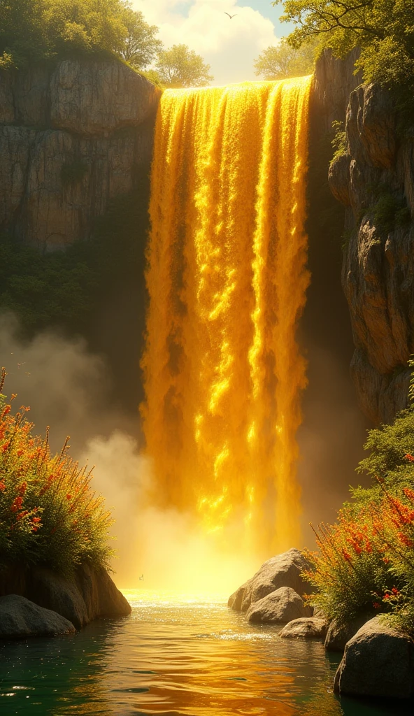 A waterfall of gold flowing endlessly, symbolizing infinite abundance.