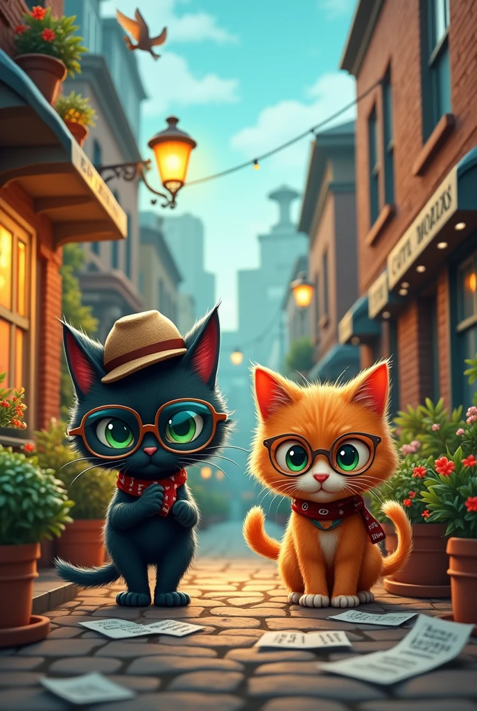 give me 10 pictures of two detective cats for story , in various positions