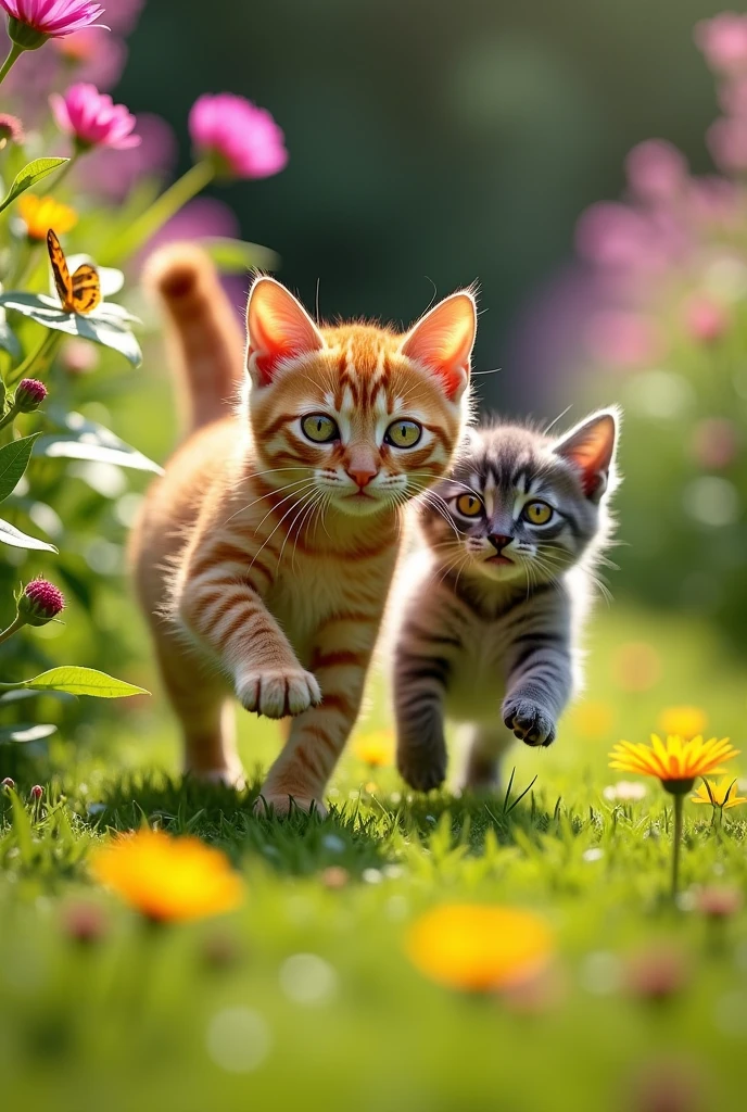 Create an orange cat with stripes and green eyes and a gray tabby kitten with yellow eyes,  playing
