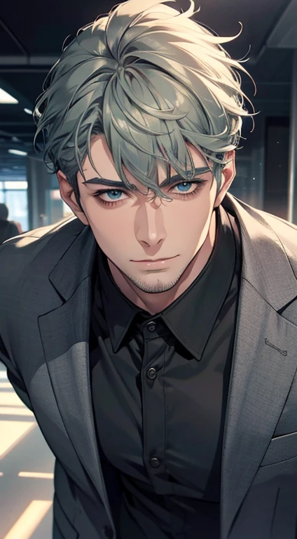 (best quality,4k,8k,highres,masterpiece:1.2),ultra-detailed,(realistic,photorealistic,photo-realistic:1.37),1 man,31 years old,mature man,very handsome,without expression,smile,short grey green hair,blue eyes,penetrating gaze,perfect face without errors,imposing posture,businessman,office background,cinematic lighting,hdr image