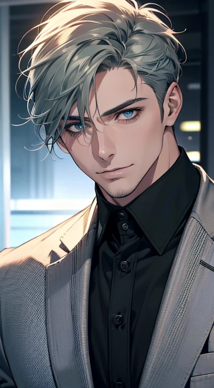 (best quality,4k,8k,highres,masterpiece:1.2),ultra-detailed,(realistic,photorealistic,photo-realistic:1.37),1 man,31 years old,mature man,very handsome,without expression,smile,short grey green hair,blue eyes,penetrating gaze,perfect face without errors,imposing posture,businessman,office background,cinematic lighting,hdr image