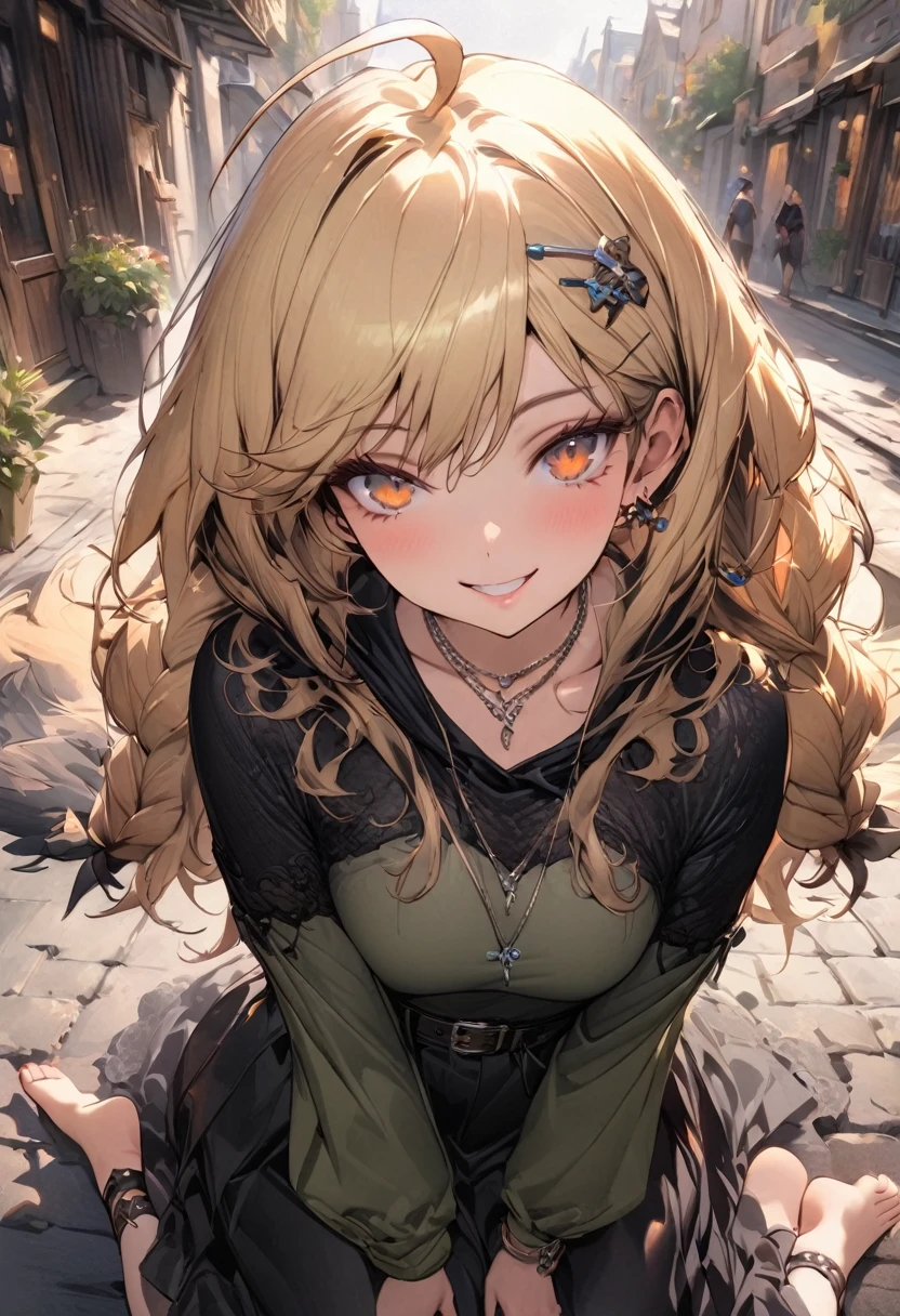 (masterpiece),(best quality),(ultra-detailed),(best illustration),(best shadow),(absurdres),(detailed background),(very aesthetic), 1girl, solo, twin-braids, braid, ankle-wrap, long-hair, blonde-hair, smile, simple-background, hair-ornament, ahoge, hood, hood-down, orange-hair, necklace, jewelry, full-body, looking-at-viewer, barefoot, toeless-legwear, hairclip, twintails, skirt, long-sleeves, orange-eyes, belt, breasts, green clothes,
