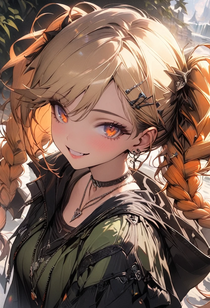 (masterpiece),(best quality),(ultra-detailed),(best illustration),(best shadow),(absurdres),(detailed background),(very aesthetic), 1girl, solo, twin-braids, braid, ankle-wrap, long-hair, blonde-hair, smile, simple-background, hair-ornament, ahoge, hood, hood-down, orange-hair, necklace, jewelry, full-body, looking-at-viewer, barefoot, toeless-legwear, hairclip, twintails, skirt, long-sleeves, orange-eyes, belt, breasts, green clothes,