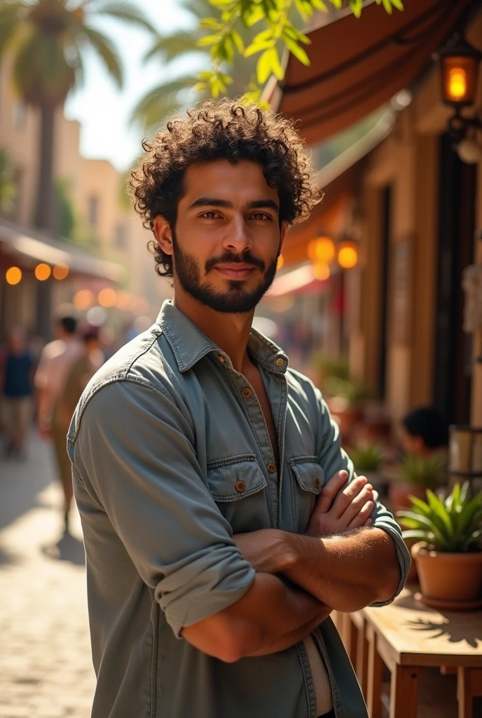 full body shot, standing outside a street or café in the middle east, cute, male model, Moroccan male, 20-25 years old, thick curly hair that is well groomed and longer on the top, short beard, brown eyes, (skin texture), slight smile, medium to light skin,