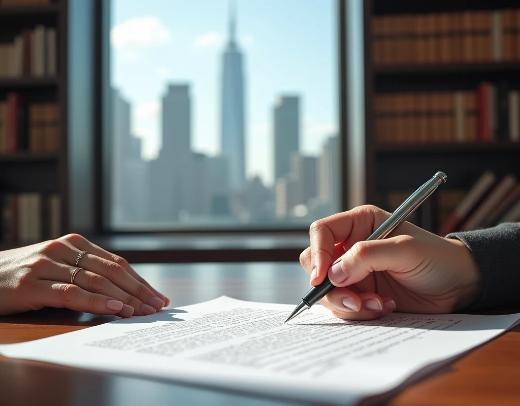 a female hand signing a contract, background window to buildings, realist, without background people, background books