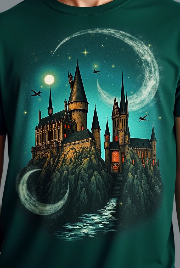 dark green t-shirt, in which there is a drawing of Hogwarts castle