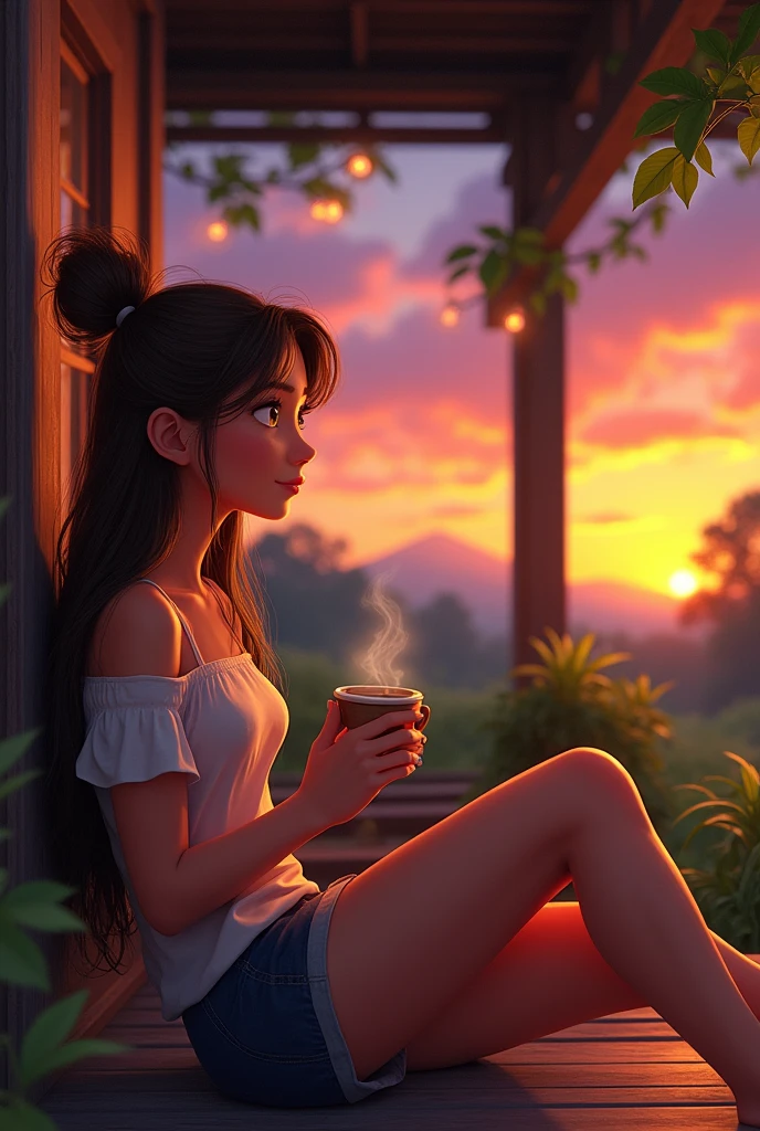Sitting on the porch with a messy bun drinking coffee and watching the sun set. The character has long, straight, and untidy brown hair. She has soft, delicate facial features, with bright, expressive yellow eyes that reflect a serene and thoughtful expression. Her skin is fair and she is beautiful, do it in the Disney Pixar style.