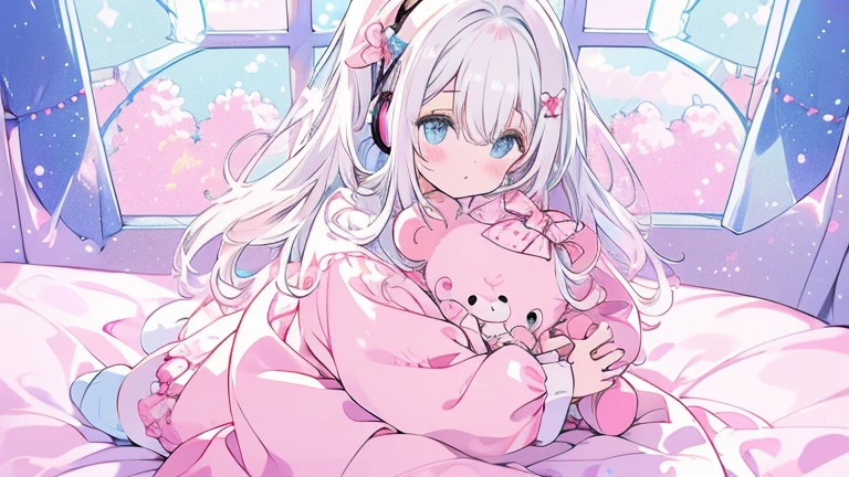Imagem de room of . Close up of the girl. with white hair and blue eyes sitting on the bed, wearing pink teddy bear pajamas, Listening to music with headphones. styled: custom cartoon. soft, warm lighting, pastel cores. Hot pink and shades of pink, with sky blue complements. Background Scenario: large window with city view at night, starry sky. Key words: digitl art, kawaii style, room of , feminine decoration, pastel cores