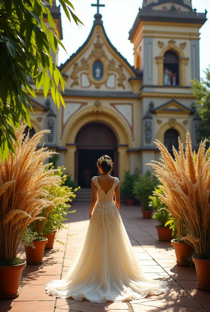 provide a photo of a chruch in which kung saan lalakad bride, ang theme ay vintage pilipino design, what i want you to provide is that the design should have a Anahaw and lots of flower dried flowers and sampaguita, the dress of the brige is a pilipiniana with anahahaw style and sampaguita