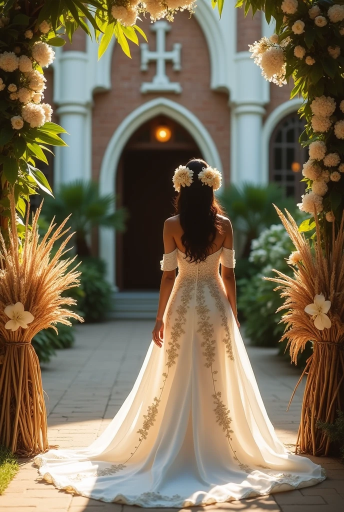 provide a photo of a chruch in which kung saan lalakad bride, ang theme ay vintage pilipino design, what i want you to provide is that the design should have a Anahaw and lots of flower dried flowers and sampaguita, the dress of the brige is a pilipiniana with anahahaw style and sampaguita