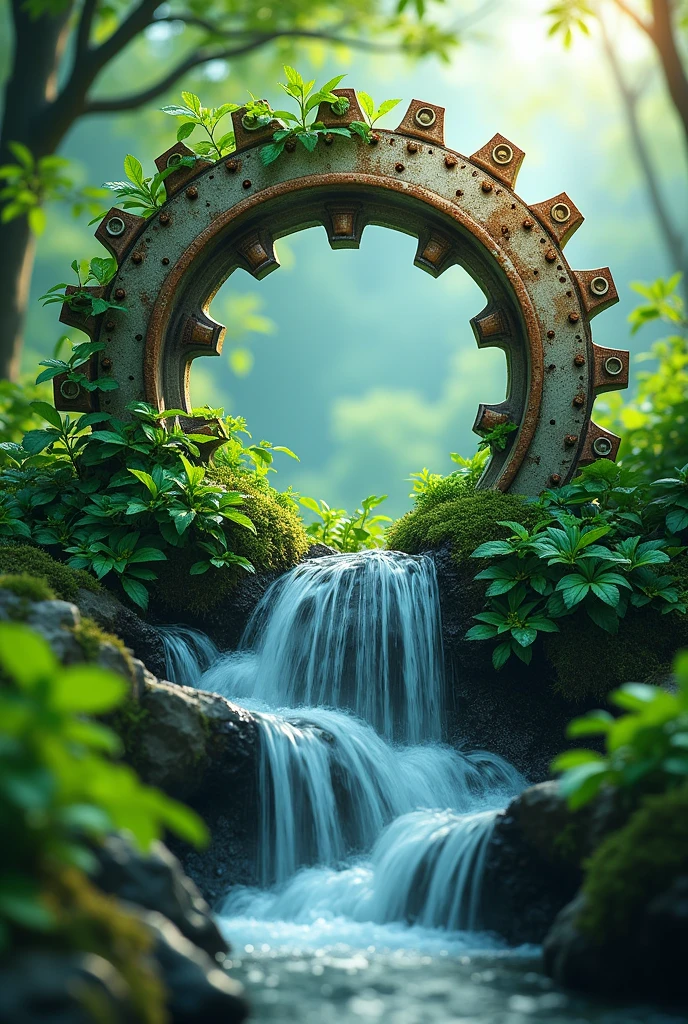 Gear with Natural Elements:A central gear representing technology, surrounded by leaves, running water or waves, symbolizing the union between technology and nature.