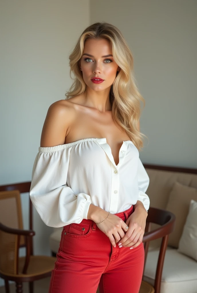 Beautiful 25 year old woman, bright blonde hair,long with a simple and modern hairstyle. Her face is beautiful with emerald blue eyes,Sincere smile,bright red lips,a beautiful and very feminine face.
beautiful body,attractive,detailed and sexy waist,beautiful breasts,huge ,big and round, well defined,seductive hip,well-shaped and beautiful legs,standing in front of the camera Wearing a white blouse,Shoulderless,sleeveless,Red jeans fitted to her figure. In the middle of a room with simple furniture, looking at some chairs in the background.
