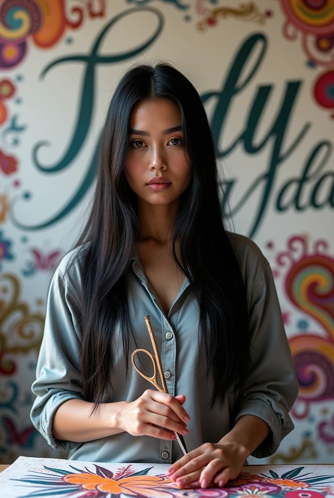black haired woman with white skin color holding scissors and paper with name in the background jadypapelaria personalizado In Drawing