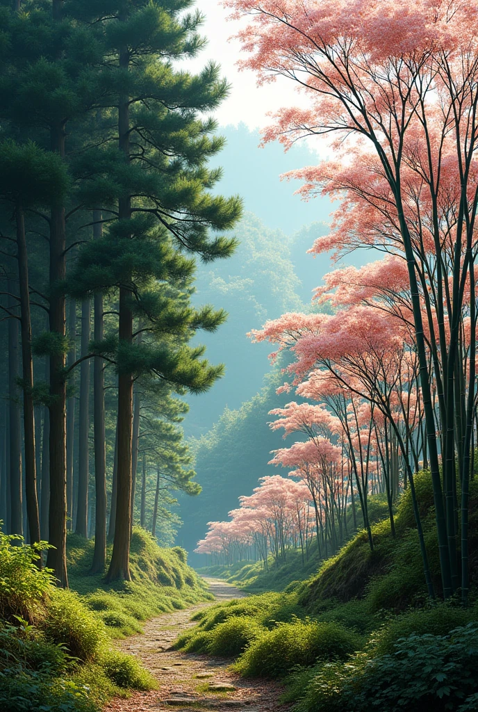 pine needles and trees, bamboo forest, Japanese apricot blossoms and trees, 