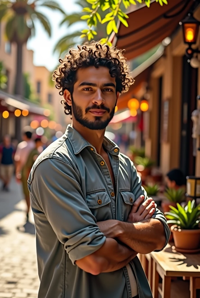 full body shot, standing outside a street or café in the middle east, cute, male model, Moroccan male, 20-25 years old, thick curly hair that is well groomed and longer on the top, short beard, brown eyes, (skin texture), slight smile, medium to light skin,