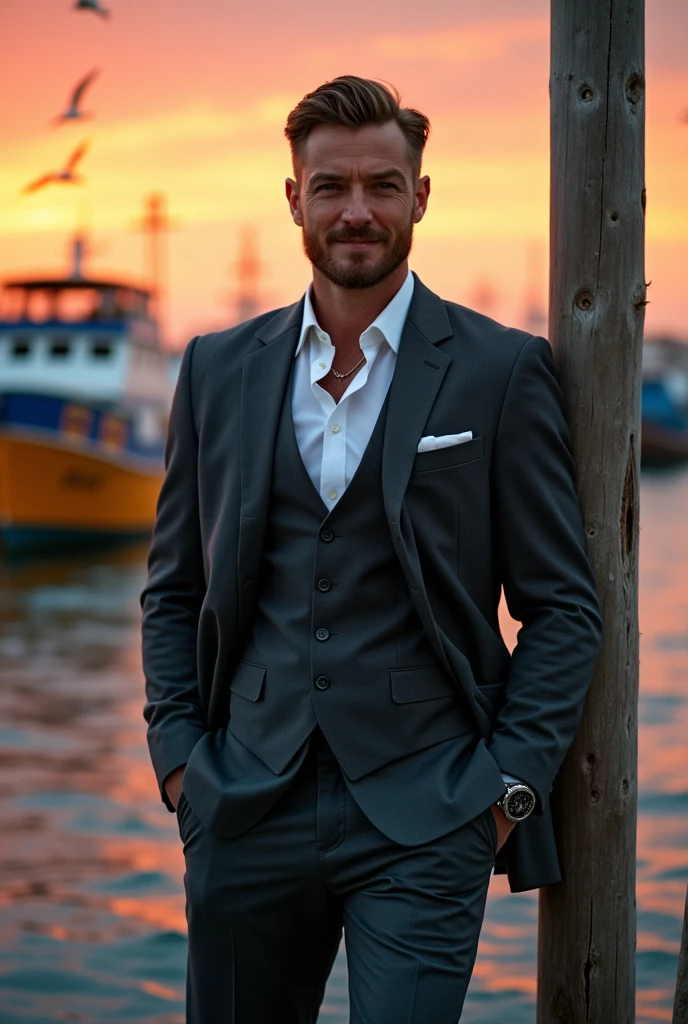 naughty man, 34 years, offwhite, olhos amendoados, slightly gray black hair, graphite suit, very muscular and tall, in the setting of a port