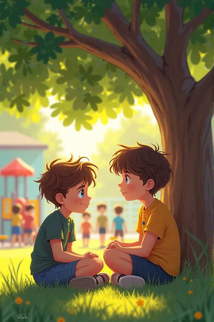 Create an image of the following scene:At recess, A new  approaches Thomas. His name is Lucas, and has also lost someone important. The two sit together and talk quietly.. They share their stories and, although the words are sad, find comfort in knowing that they are not alone in their pain. They become inseparable friends.

