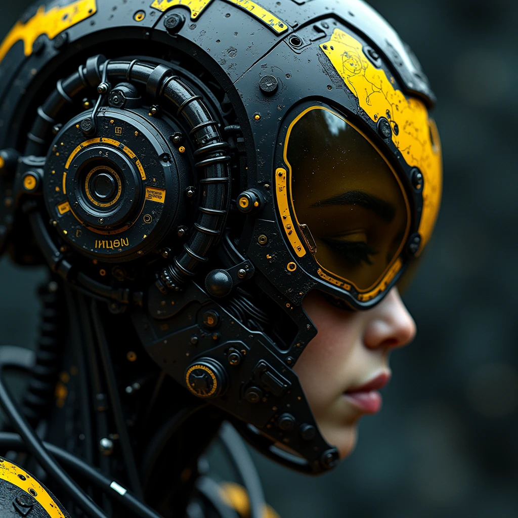 Monochrome with color spots, photo in phst artstyle, mechanical parts, wires, bald, cables, cyberpunk, spacecraft with a half robot face, black skin,, closeup photo of an wired-cyborg Spaceship, half robot, a vibrant yellow with technical macro writing resembling an Dragonball on the back,, floating in space wind, fists, writing, crepuscular rays, volumetric lighting, ultra detailed, deep Blacks, very detailed, atmospheric haze, Film grain, cinematic film still, shallow depth of field, highly detailed, high budget, cinemascope, moody, epic, OverallDetail, 2000s vintage RAW photo, photorealistic, candid camera, color graded cinematic, eye catchlights, atmospheric lighting, imperfections, natural, shallow dof