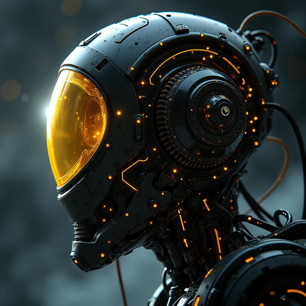 Monochrome with color spots, photo in phst artstyle, mechanical parts, wires, bald, cables, cyberpunk, spacecraft with a half robot face, black skin,, closeup photo of an wired-cyborg Spaceship, half robot, a vibrant yellow with technical macro writing resembling an Dragonball on the back,, floating in space wind, fists, writing, crepuscular rays, volumetric lighting, ultra detailed, deep Blacks, very detailed, atmospheric haze, Film grain, cinematic film still, shallow depth of field, highly detailed, high budget, cinemascope, moody, epic, OverallDetail, 2000s vintage RAW photo, photorealistic, candid camera, color graded cinematic, eye catchlights, atmospheric lighting, imperfections, natural, shallow dof