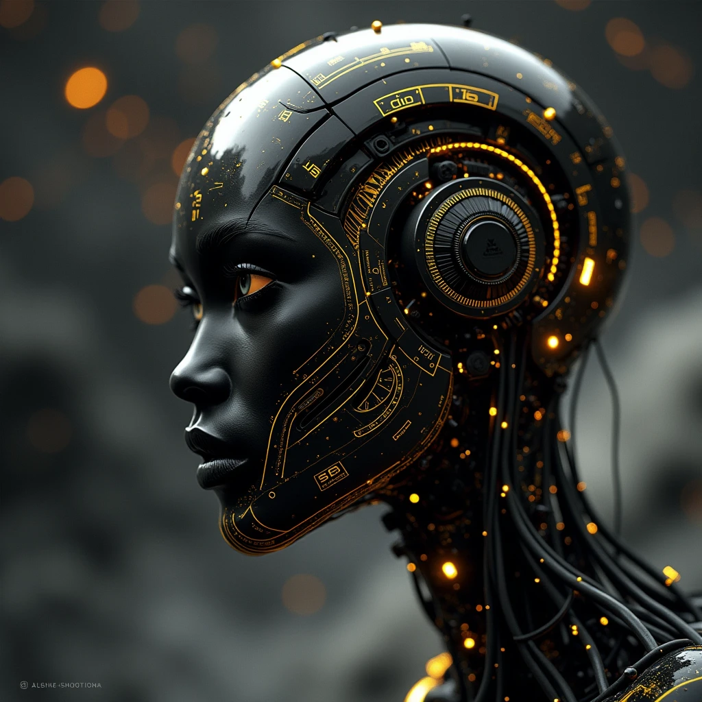 Monochrome with color spots, photo in phst artstyle, mechanical parts, wires, bald, cables, cyberpunk, spacecraft with a half robot face, black skin,, closeup photo of an wired-cyborg Spaceship, half robot, a vibrant yellow with technical macro writing resembling an Dragonball on the back,, floating in space wind, fists, writing, crepuscular rays, volumetric lighting, ultra detailed, deep Blacks, very detailed, atmospheric haze, Film grain, cinematic film still, shallow depth of field, highly detailed, high budget, cinemascope, moody, epic, OverallDetail, 2000s vintage RAW photo, photorealistic, candid camera, color graded cinematic, eye catchlights, atmospheric lighting, imperfections, natural, shallow dof