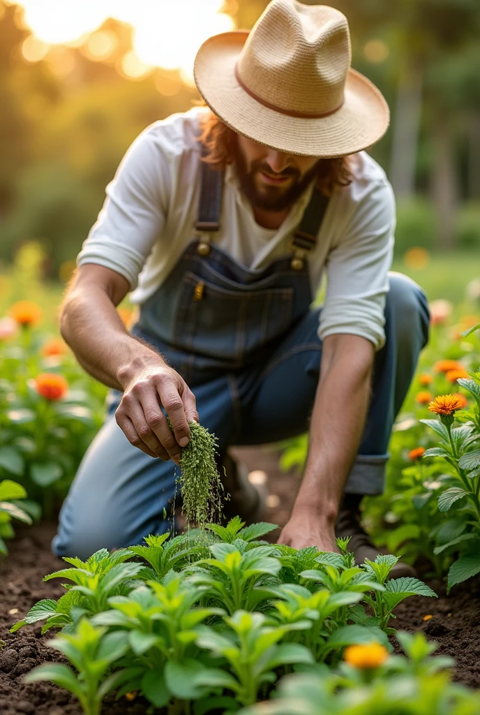 man putting fertilizer on a mint
