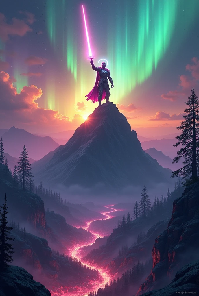 *an imposing hero on top of a mountain*, (northern lights), (luminous armor), (heavenly lights), holding a sword of light, (old book), (mystical power), ao redor, (Nephilims), (demons), (dark creatures), (grimdark), (field of battle), (weathered rocks), (ancient trees), (rivers of neon light), (cor predominate: black and red), The glorious dawn begins to appear on the horizon, bathing the scene in vibrant shades of yellow, purple, and blue, (epic atmosphere), (detailed), (4k Ultra Resolution).