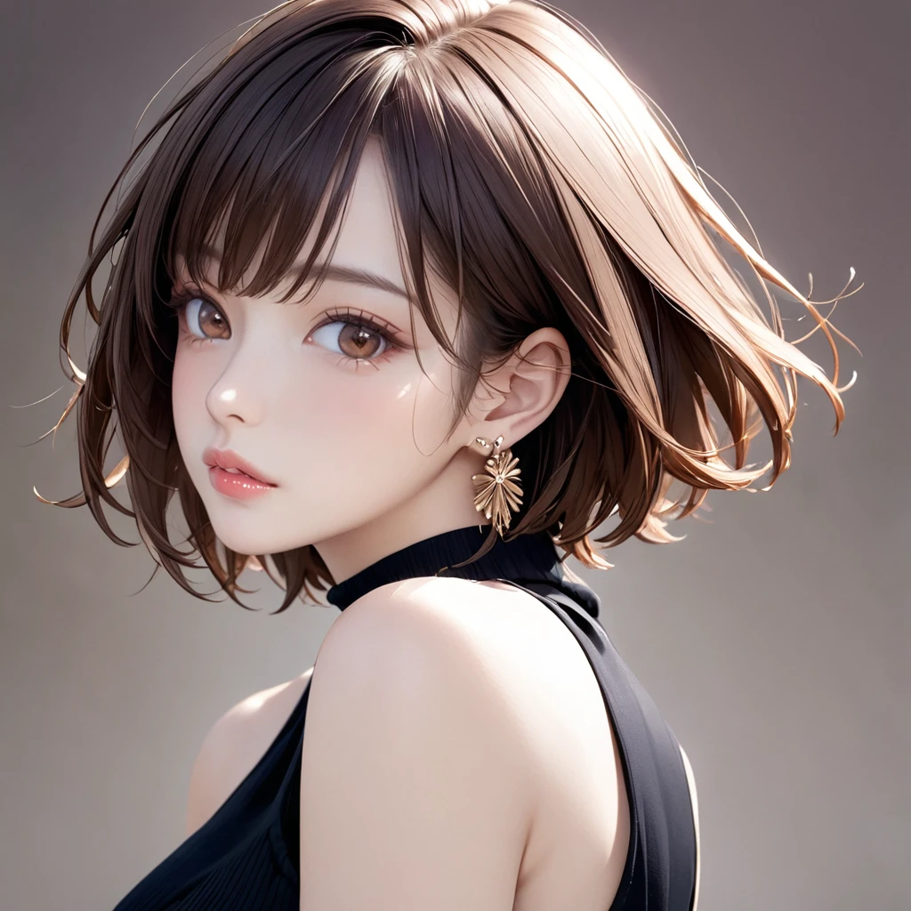 girl with,kawaii,slenderbody,An ultra-high picture quality,Short Bob Hair Wolf Cut,Brown hair,Ultra-delicate images,8k,Masterpiece,dishevled hair,Beautiful face,