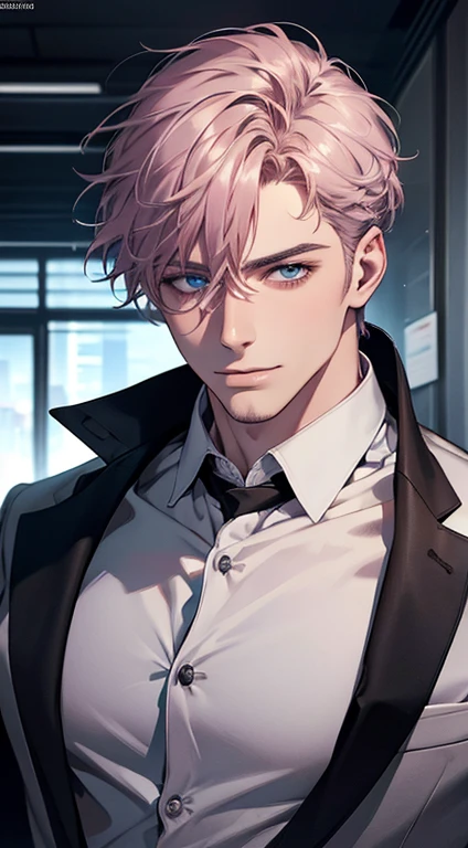 (best quality,4k,8k,highres,masterpiece:1.2),ultra-detailed,(realistic,photorealistic,photo-realistic:1.37),1 man,31 years old,mature man,very handsome,without expression,smile,short grey pink hair,blue eyes,penetrating gaze,perfect face without errors,imposing posture,businessman,office background,cinematic lighting,hdr image