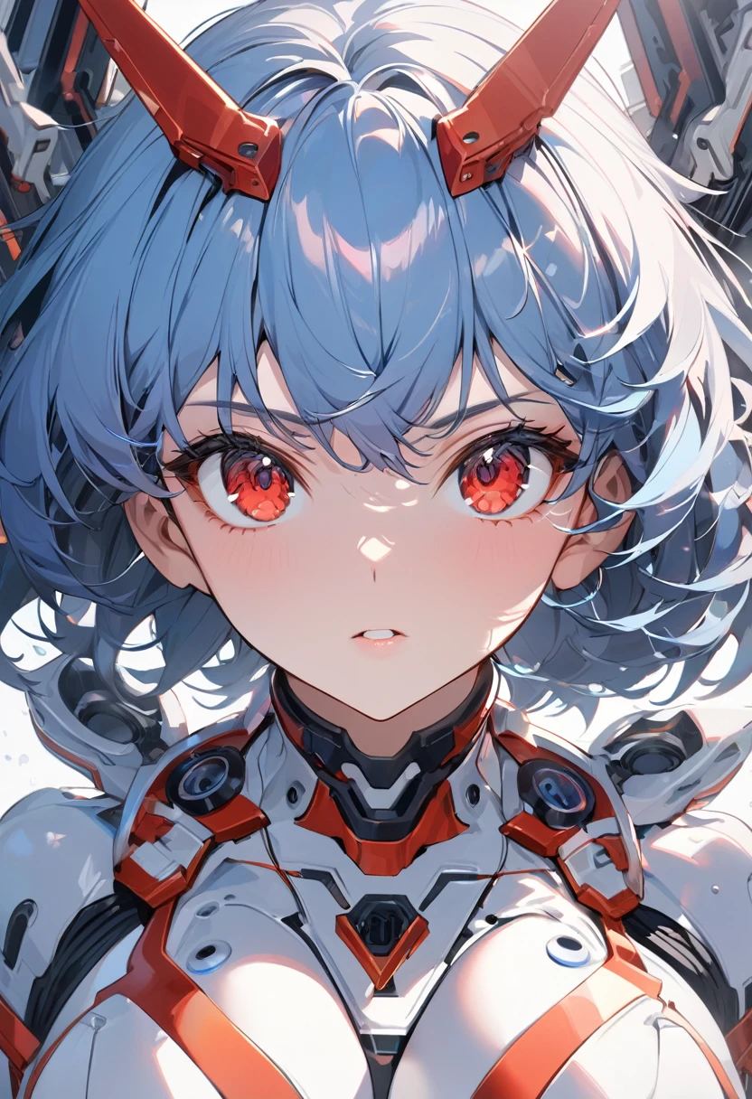 solo, neon genesis evangelion Rei ayanami in her white plugsuit standing up in a white background straight, blue hair, red eyes, short hair, looking at you, evangelion artstyle, perfect composition, intricate details, upperbody, portrait, best quality, ultra detailed, Evangelion artstyle