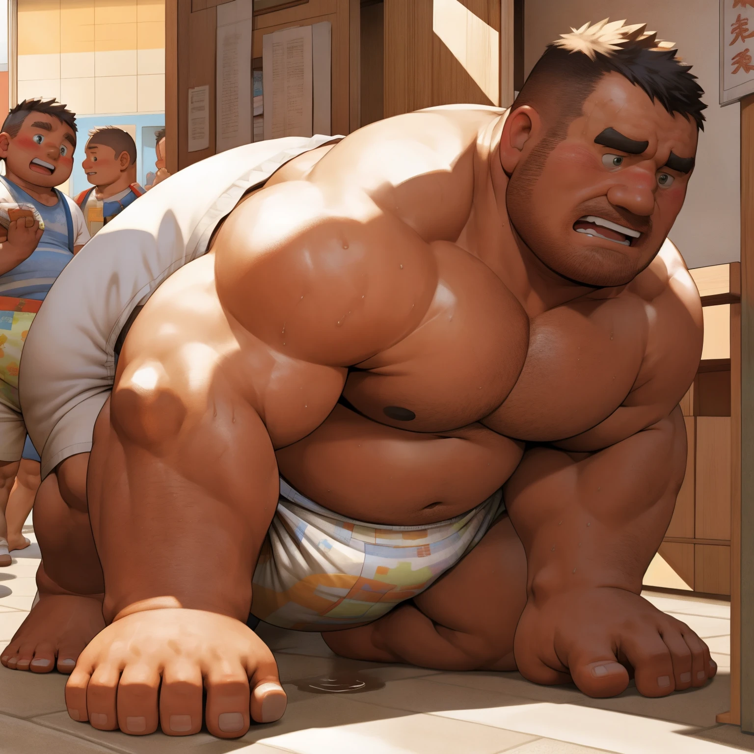 masterpiece, Top quality, in 32K, perfect anatomy, hyper detailed, super fine illustration, The thick man is a brutal retarded prisoner, hairy human, 50yo in Japan, (fatness: 1.0), Fatty muscle, Bowleg, disappointment, incontinent, shy, sissy, Weaker than children, Drool, Round face, be diaper check by children, waddle, There is a small puddle under him, incontinent, Bowleg, spread legs, wear a White cloth Diaper, Bare belly, Bare legs, Bare foots, Bare soles, Shirtless, wide forehead and short thinning hair, Man with round face with stubble, Bare foots, Bare soles, He enters nursery school and is despised by children, He surrounded by children, His bottom is wet, Bare foots, big butt, he is scolded by the children, White Diaper, He surrounded by children, sobbing, wear a White cloth Diaper, shirtless, There is a small puddle under him, He enters nursery school and is despised by children, big butt, sobbing, He crawling to go to children, on all fours, side view