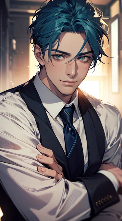 (Highest quality,4K,8K,High resolution,masterpiece:1.2),Super detailed,(Realistic,photoRealistic,photo-Realistic:1.37),1 person,34 years old,Mature Men,Beautiful skin、very handsome,Expressionless smile in love,Short blue hair,green eyes,Sharp Eyes,A perfect face without a doubt,Businessman, CEO, Office Background,Cinema Lighting,HDR image,tie、