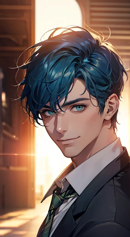 (Highest quality,4K,8K,High resolution,masterpiece:1.2),Super detailed,(Realistic,photoRealistic,photo-Realistic:1.37),1 person,34 years old,Mature Men,Beautiful skin、very handsome,Expressionless smile in love,Short blue hair,green eyes,Sharp Eyes,A perfect face without a doubt,Businessman, CEO, Office Background,Cinema Lighting,HDR image,tie、