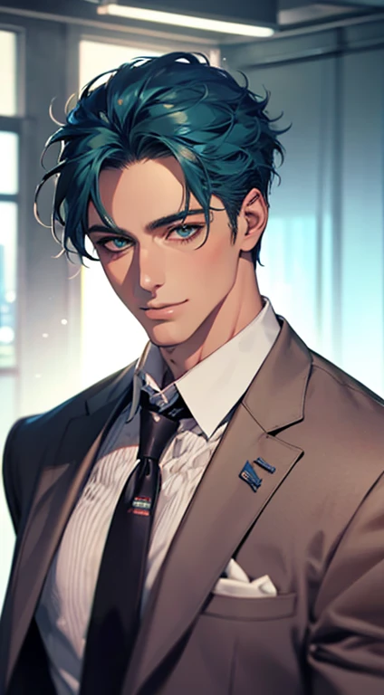 (Highest quality,4K,8K,High resolution,masterpiece:1.2),Super detailed,(Realistic,photoRealistic,photo-Realistic:1.37),1 person,34 years old,Mature Men,Beautiful skin、very handsome,Expressionless smile in love,Short blue hair,green eyes,Sharp Eyes,A perfect face without a doubt,Businessman, CEO, Office Background,Cinema Lighting,HDR image,tie、