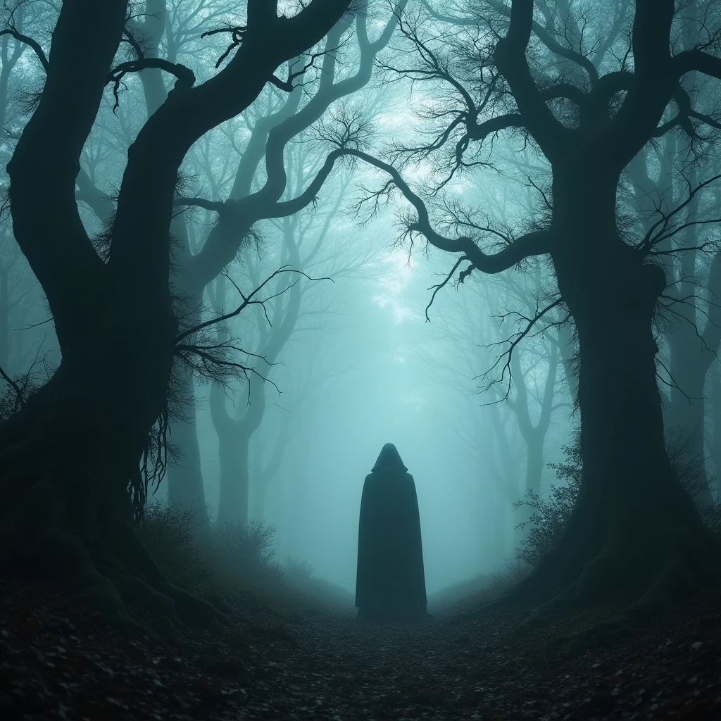 (best quality,4K,8k,mackerel,masterpiece:1.2),very detailed,(realistic,photorealistic,photo-realistic:1.37),Haunted Forest,A mystical feeling,ominous,The Enchanted Forest,dark shadow,Mysterious Fog,ancient tree,Twisted Branch,gloomy atmosphere,Celestial Light,silhouette of a creature,Spotted Moonlight,Whispering Wind,creepy magic,unforgettable soul,horrifying presence,Ghost manifestation,spooky sound,The leaves rustle underfoot.,Tangled Vines,sparkling fog,Enchanting Whispers,Howling from afar,ominous silence,Cobwebs glistening with dew,Moonlight Path,Hidden Secret,Wandering lost souls,Limbo area,The Void Between Worlds,heightened senses,My heart is pounding,Exciting anticipation,Supernatural Aura,Eerie silence,dark consciousness,Energy from another world,A figure wearing a cloak,The whispering trees,Mystical symbols,An unforgettable echo